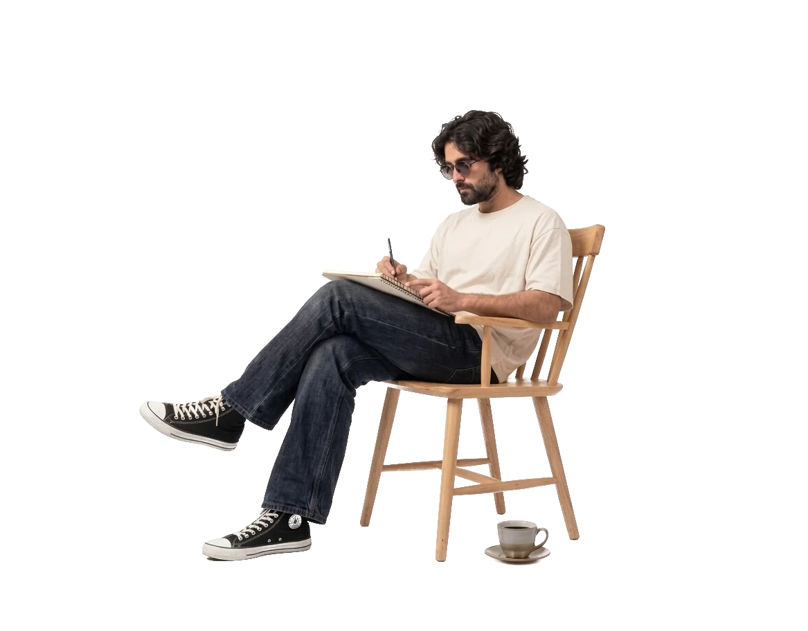 Sketching in a notebook, cross-legged on a wooden chair.
