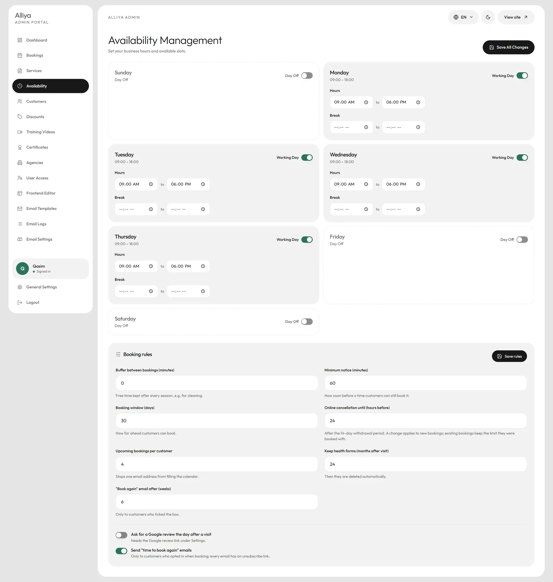 The admin's Availability page in light: the sidebar, a card for each day of the week with its hours and break, and the booking rules, from the buffer between sessions to how long health forms are kept.