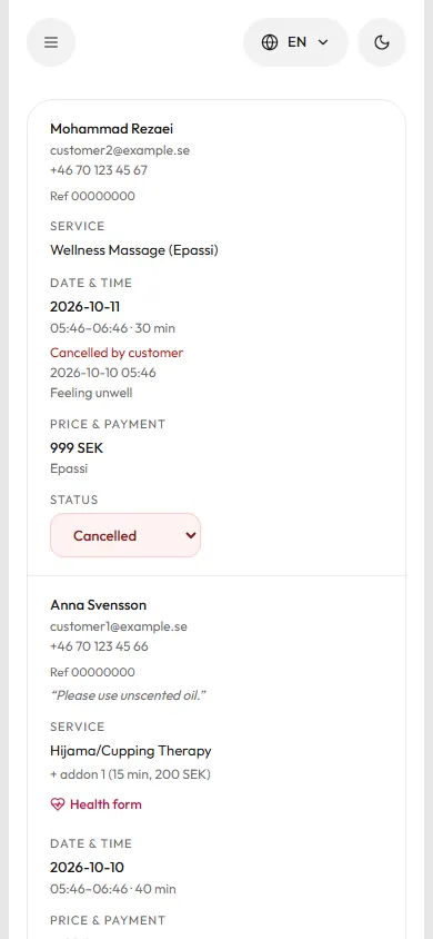 Admin bookings on a phone as cards with labelled fields: customer, service, date and time, price and payment, and a status select.