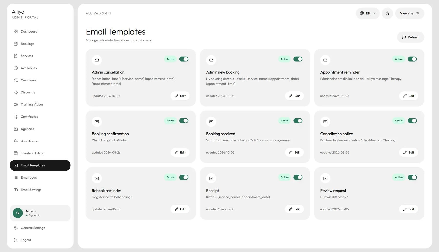 The Email Templates page: nine cards, from Admin cancellation and Booking confirmation to Receipt and Review request, each with its subject line, an Active switch and an Edit button.
