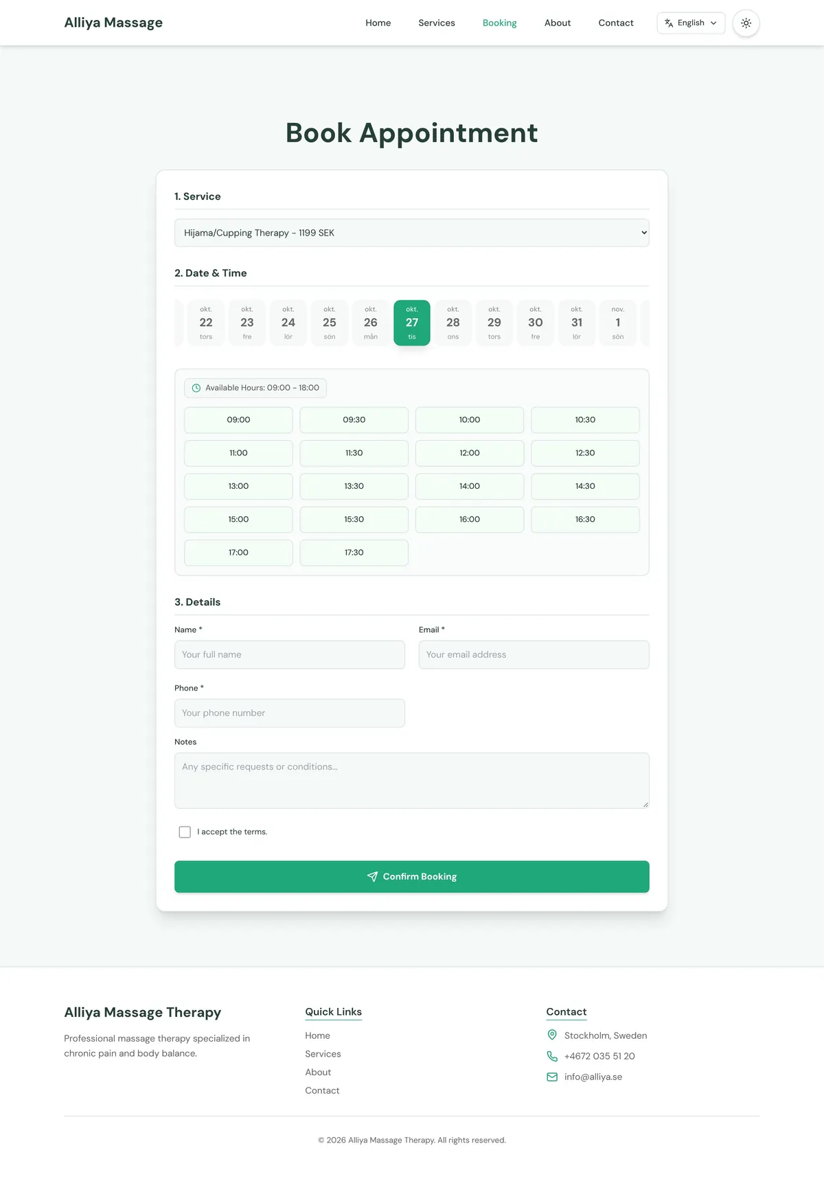 The old booking page from top to bottom: Book Appointment, a service dropdown, a strip of dates, a grid of times from 09:00 to 17:30, fields for name, email, phone and notes, an I accept the terms checkbox and a green Confirm Booking button.