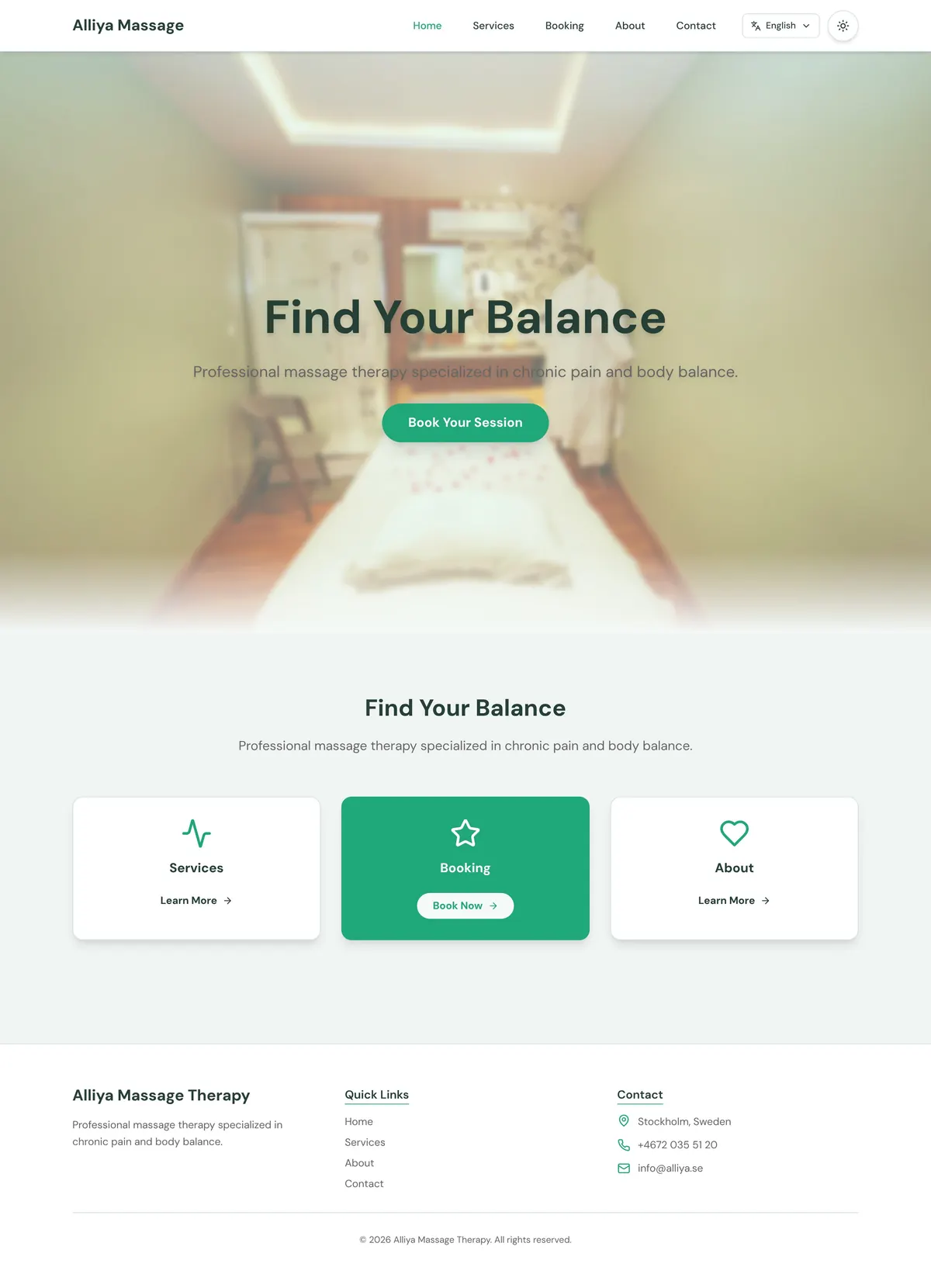 The old Alliya home page in light, from top to bottom: an Alliya Massage header, Find Your Balance over a blurred photo of a treatment room, a green Book Your Session button, three cards for Services, Booking and About, and a footer with Stockholm, Sweden.