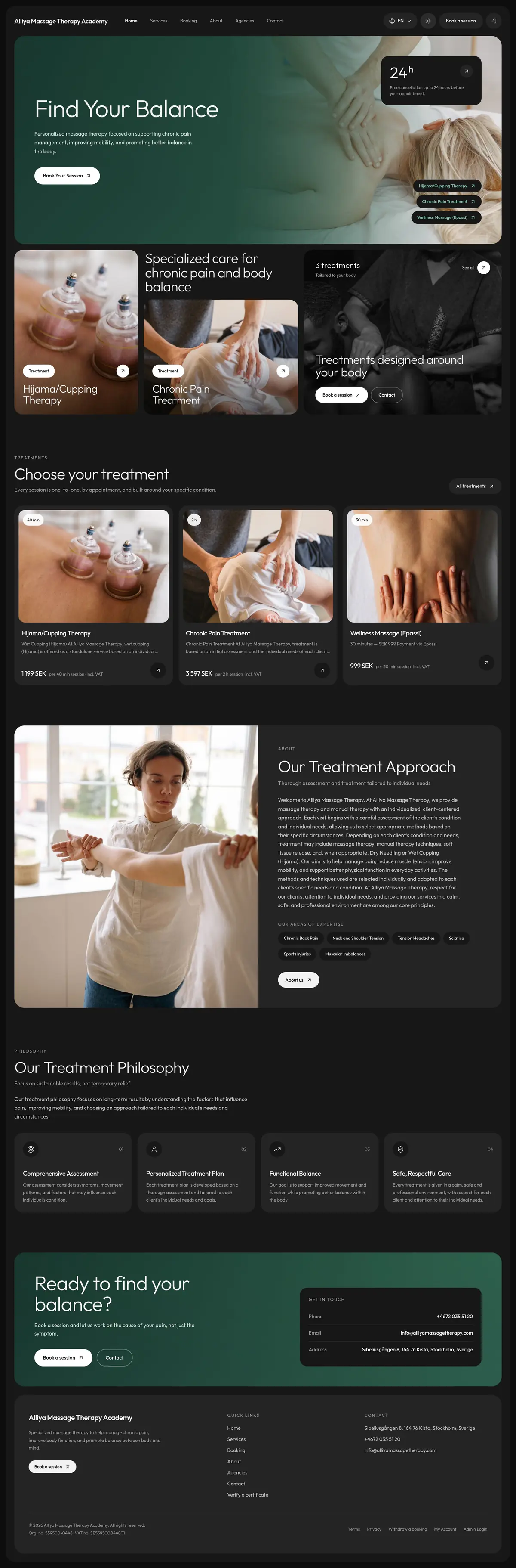 The same home page in dark: the jade gradient deepened over the massage photo, the photo cards, the three priced treatments, the approach and philosophy sections and the jade contact band, on a near-black page.