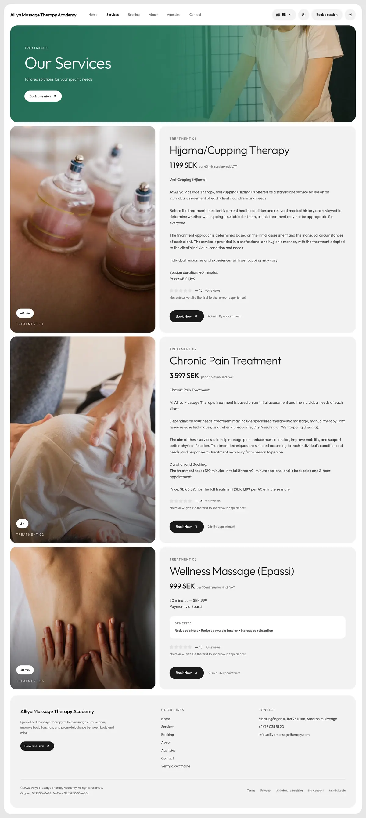 The Services page in light, top to bottom: “Our Services” on a jade gradient over a photo of a therapist, then a photo and a text card for each treatment: Hijama/Cupping Therapy at 1 199 SEK per 40 min session, Chronic Pain Treatment at 3 597 SEK per 2 h session and Wellness Massage (Epassi) at 999 SEK per 30 min session, each with its description, a review line and a “Book Now” button, then the footer.
