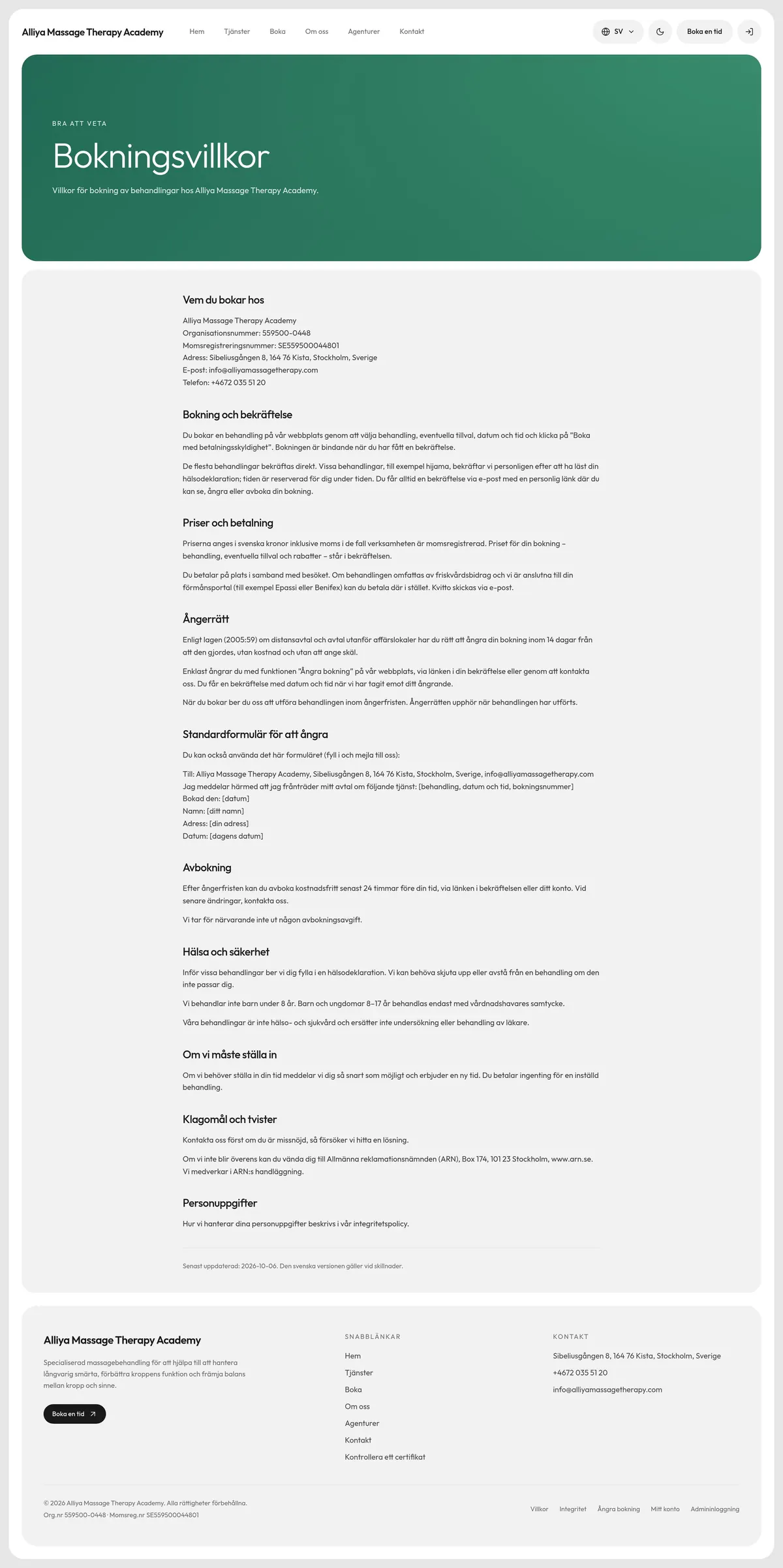 The booking terms in Swedish, Bokningsvillkor, from top to bottom: who you book with, with the business's organisation and VAT numbers; booking and confirmation; prices and payment, including Epassi or Benifex; the right of withdrawal under the Distance Contracts Act, with a standard form to withdraw; cancellation; health and safety; what happens if the clinic cancels; complaints and disputes; personal data; and the footer.