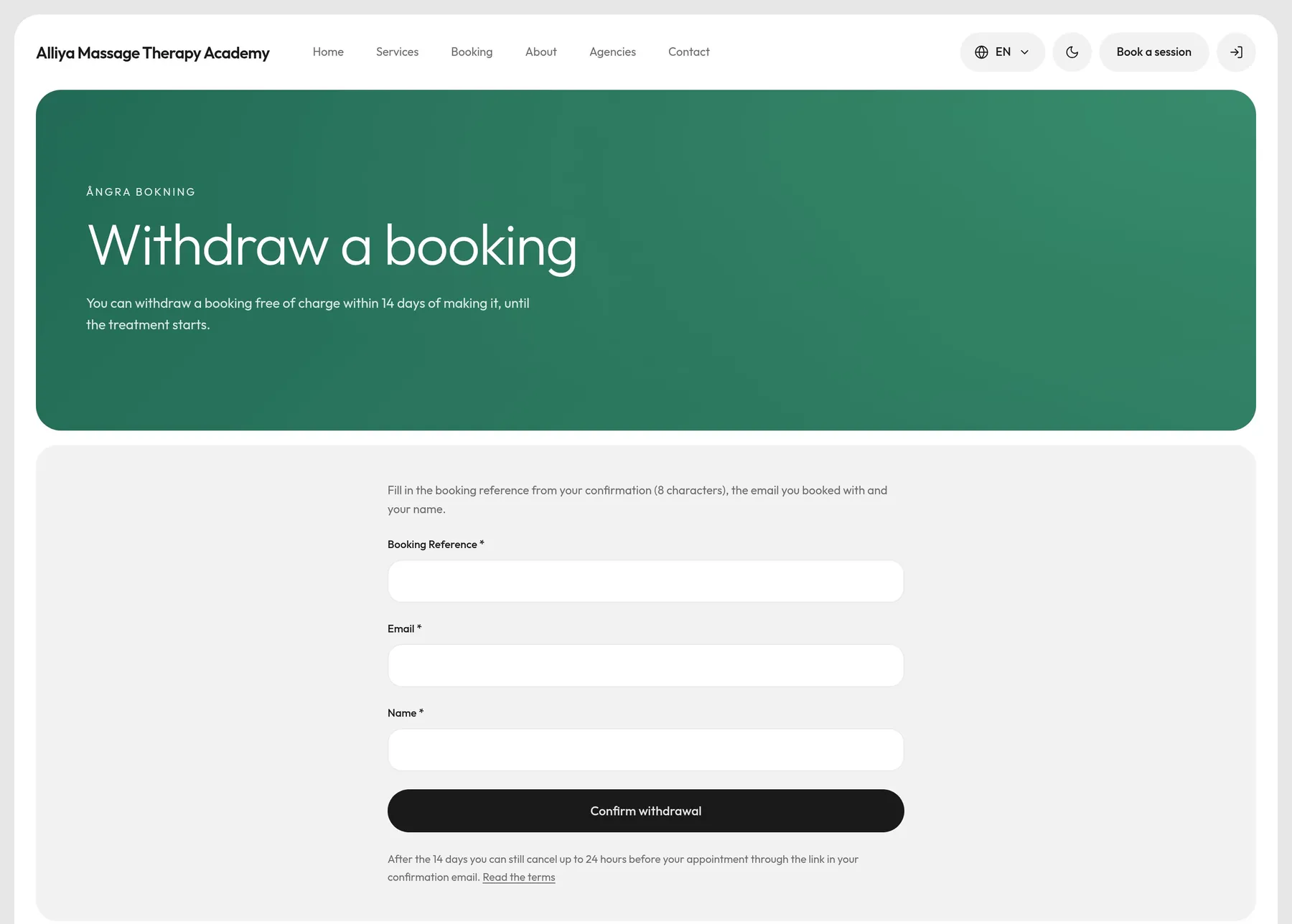 The withdrawal page: a jade banner with the eyebrow ÅNGRA BOKNING, the title Withdraw a booking and the line You can withdraw a booking free of charge within 14 days of making it, until the treatment starts; below, fields for booking reference, email and name, and a black Confirm withdrawal button.